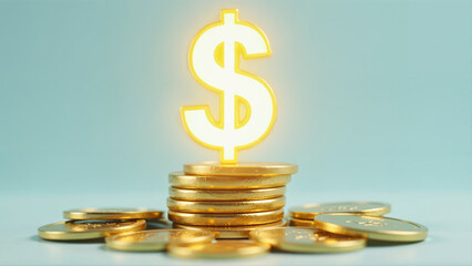 Stacks of Gold Coins with Glowing Dollar Sign on Blue Background