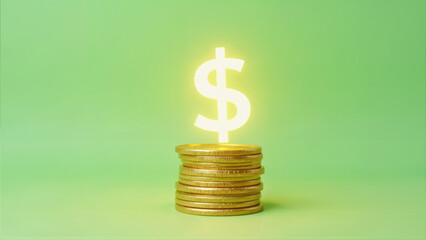 Stacks of shiny gold coins arranged on a minimalist green background, with a glowing yellow dollar sign above, symbolizing financial success and wealth