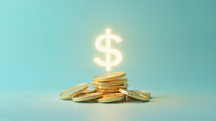 Stacks of Gold Coins with Glowing Dollar Sign on Blue Background