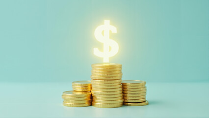 Stacks of Gold Coins with Glowing Dollar Sign on Blue Background