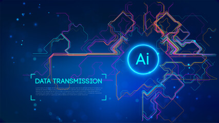 AI data transmission concept with futuristic glowing neon circuits on dark blue background, artificial intelligence, cyber connectivity, digital network, and advanced technology flow