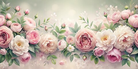 A Delicate Arrangement of Pastel Roses and Peonies, Exquisitely Rendered with Soft Lighting and Lush Greenery, Creating a Serene and Romantic Floral Tapestry