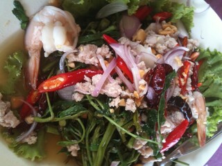 Thai spicy Water mimosa salad with shrimp, Thai seafood and minced pork