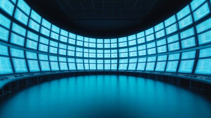 Futuristic digital space, immersive blue lighting, ideal for tech presentations, creative brainstorming, modern design elements.