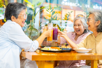Happy Asian senior woman travel and shopping in the city on summer holiday vacation. Group of Healthy elderly women friends enjoy outdoor lifestyle having lunch eating food together at restaurant.
