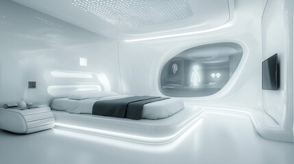 Modern minimalist bedroom design with lighting and sleek furnishings