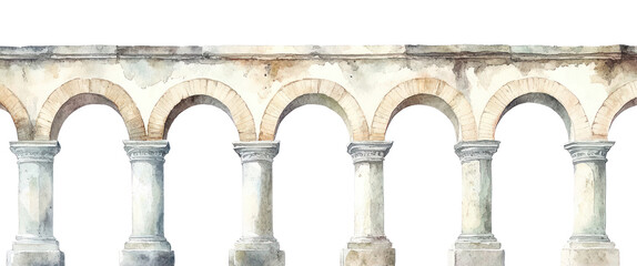 Fototapeta premium PNG Roman aqueduct arches architecture illustration watercolor.