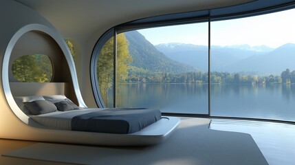 Modern bedroom with panoramic mountain view with tranquil lake