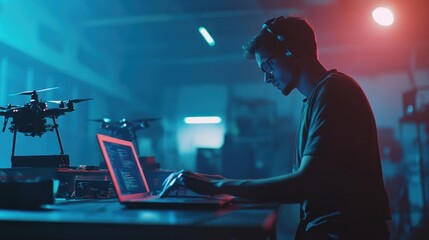 Data Scientist Developing Drone Flight Patterns in Neon-Lit Workspace Laboratory