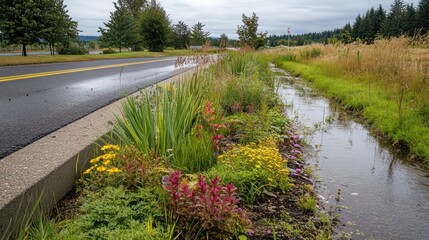 Rain-wet road, roadside bioswale, wildflowers, green fields, overcast sky, environmental project