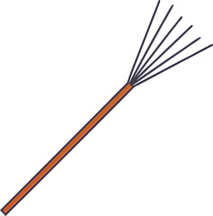 Rake with Fanned Metal Tines, A simple illustration of a rake with multiple fanned tines, featuring an orange handle for garden use.
