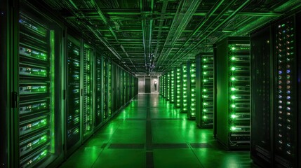 Fototapeta premium Green-lit server room data center hallway, network infrastructure, glowing lights