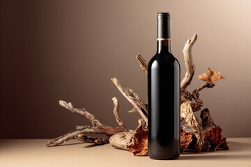 Bottle of red wine with a composition of old wood.