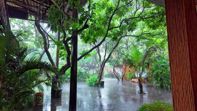 Heavy rain in a bar at Lagoa do Paraiso beach in Jericoacoara Brazil