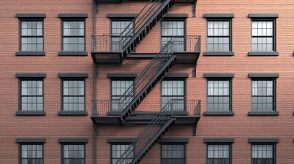 Obraz premium City brick building fire escape sunlight windows architecture