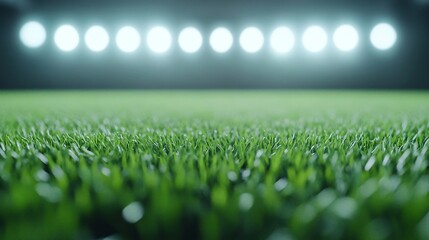 Naklejka premium Illuminated sports field at night, vibrant green grass, stadium lights brightening the scene, perfect for athletic events.