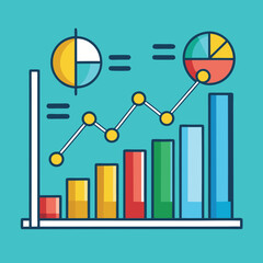Business Growth with Bar Graphs and Pie Charts, A colorful illustration of business growth featuring bar graphs, pie charts, and an upward trend for success.
