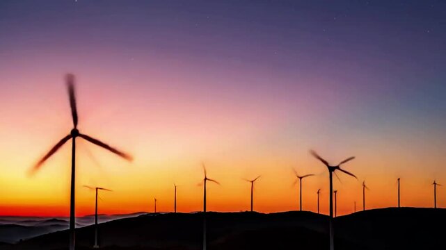 Silhouette of rotating wind turbines on hilly landscape during vibrant sunset, renewable energy farm generating sustainable electricity, clean power technology with dramatic sky gradient and eco frien