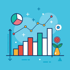 Obraz premium Colorful Business Growth with Graph and Pie Chart, A vibrant illustration of business growth with bar graphs, a pie chart, and a plant symbolizing progress. 