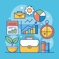 Business Strategy with Charts, Briefcase, and Gear, A colorful illustration depicting business strategy with charts, a briefcase, a gear, and other financial icons.

