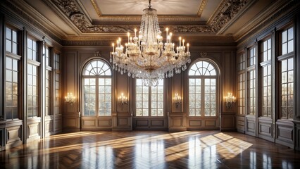 Fototapeta premium Sunlit Grandeur A Luxurious Room with Ornate Millwork, Gleaming Hardwood Floors, and a Majestic Crystal Chandelier