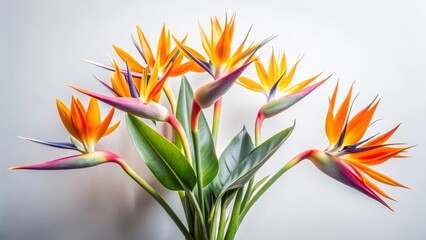 Vibrant orange and blue bird of paradise flowers arranged in a bouquet against a neutral background, showcasing their exotic beauty and striking color contrast.