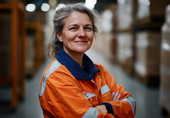 Naklejka premium A cheerful middle-aged woman wearing an orange work uniform stands with her arms crossed in a warehouse. She exudes confidence and positivity in a busy work environment filled with boxes