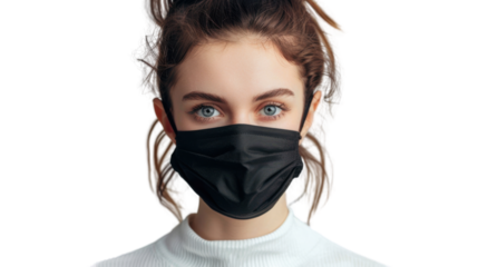 Young woman wearing protective mask on transparent background