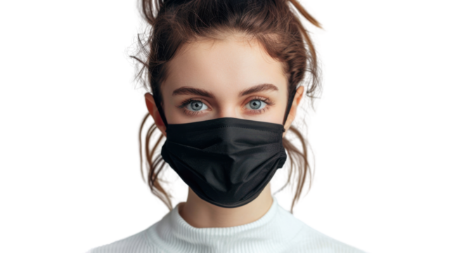 Young woman wearing protective mask on transparent background
