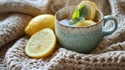 Hot ginger tea in a ceramic cup with lemon wedges and mint, placed on a knitted blanket. Gentle steam rises, creating a soothing winter mood.