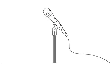 Continuous single line drawing of microphone on mic stand, Single one line drawing stand with microphone on white background. Singer sing song with standing mic at music concert summer festival.