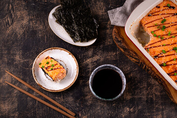 Baked sushi roll cake with crab surimi sticks