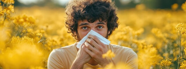 man in ragweed field allergy. Selective focus.