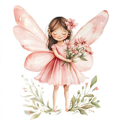 An adorable fairy with translucent wings holds a bouquet of flowers, surrounded by soft blooms in a floral fantasy setting, ideal for whimsical and magical designs.