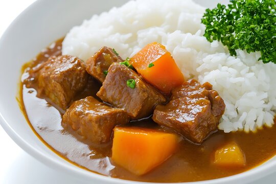  a polished picture with a white base simmered curry beef brisket cuts with rice
