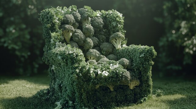 A unique chair is composed entirely of green vegetables