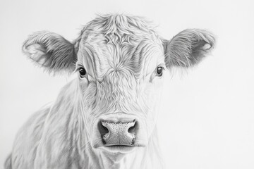 Artistic pencil portrait of a cow, with the cow's facial features and expression in the foreground, with contrasting shadows and clean white background for a sense of depth