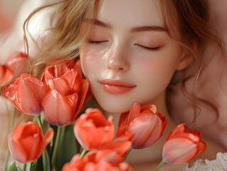 young woman with glowing skin with smile holding vibrant red tulips close to her face. soft pastel dress, flowing wavy hair, and dreamy pink gradient background create a romantic elegance.