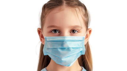 Schoolgirl wearing protective mask on transparent background