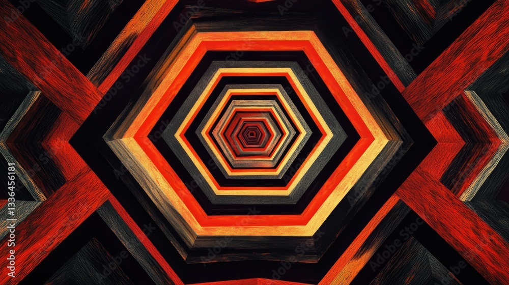 Poster creating bold red orange hexagonal patterns digital art abstract design virtual space close-up hexag
