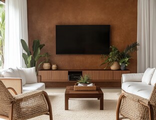 Modern living room with warm, earthy tones.  Features a large TV, wooden entertainment center, and comfortable seating