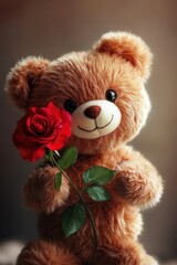 Teddy bear with a red rose. Selective focus.
