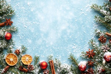 Christmas advent celebration holidays background banner greeting card - Border frame made of ornament, dried orange slices, cinnamon sticks, star anise, pine branches and snow on green table, top