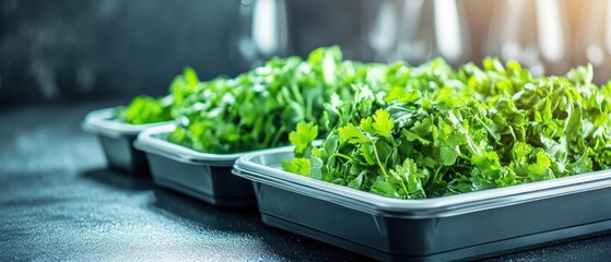 Freshly chopped green herbs in plastic food storage containers