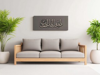 Modern living room with a stylish sofa and decorative plants, featuring artwork