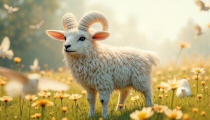 Obraz premium Fluffy Lamb with Horns Standing in Bright Wildflower Field
