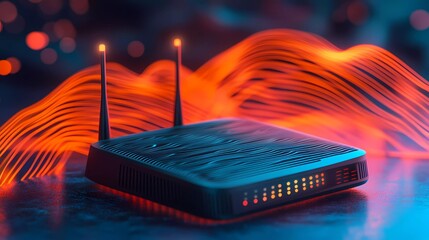A sleek Wi-Fi router with dual-band technology delivers high-speed internet, ensuring smooth online streaming in a modern book illustration style.