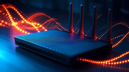 A sleek Wi-Fi router with dual-band technology delivers high-speed internet, ensuring smooth online streaming in a modern book illustration style.