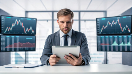 focused businessman analyzes data tablet modern office, surrounded by multiple screens displaying financial charts and trends, reflecting