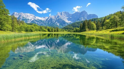Fototapeta premium Beautiful clear lake reflects mountains trees and a vibrant blue sky